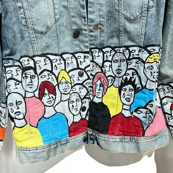 🌻Painted Crowd Crying Theme Men's Large Blue Denim Jacket by Designer Fuller - Picture 4 of 12